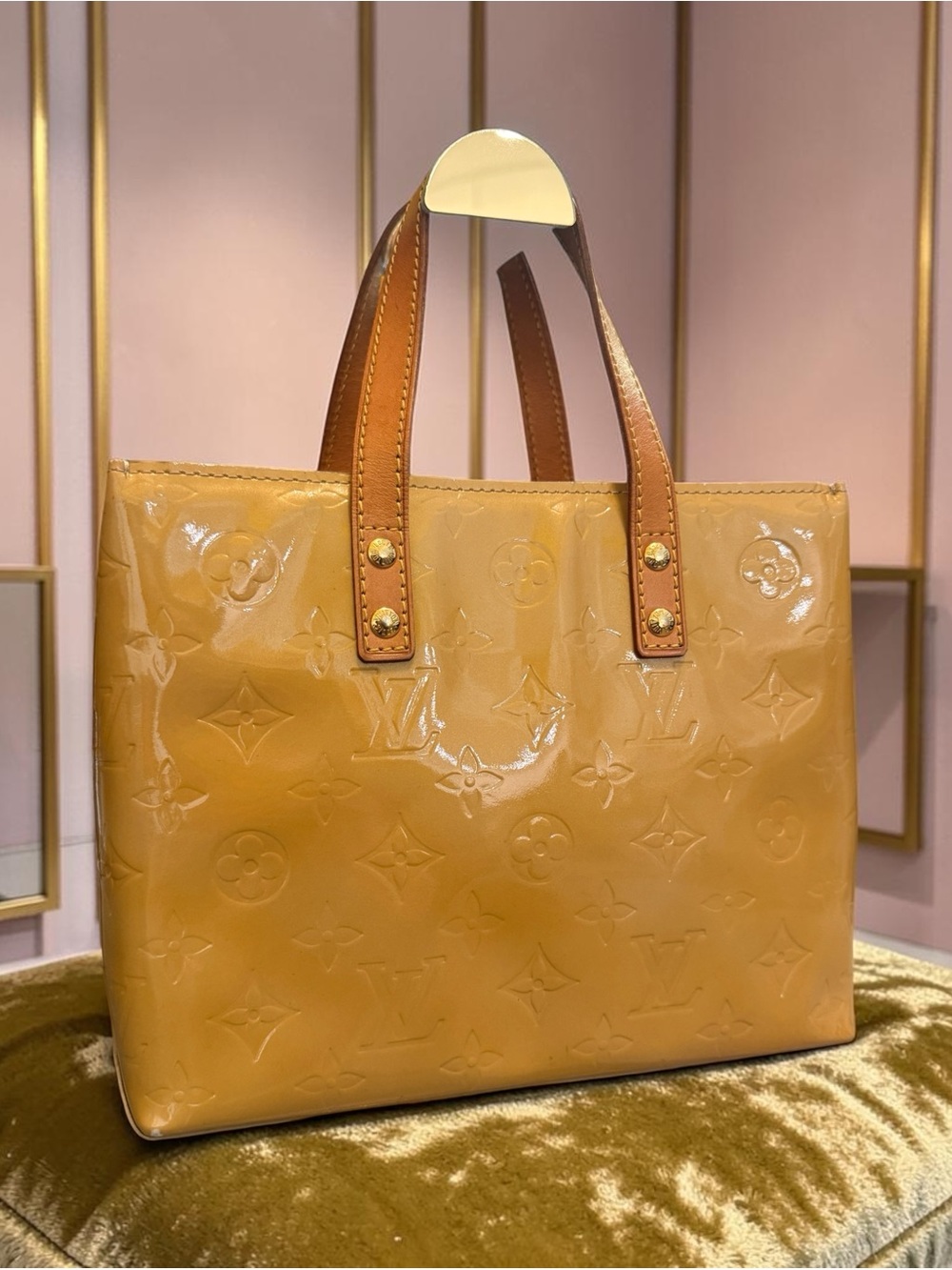 Louis Vuitton Yellow Patent Leather Vernis Monogram Reade PM Tote w/ COA